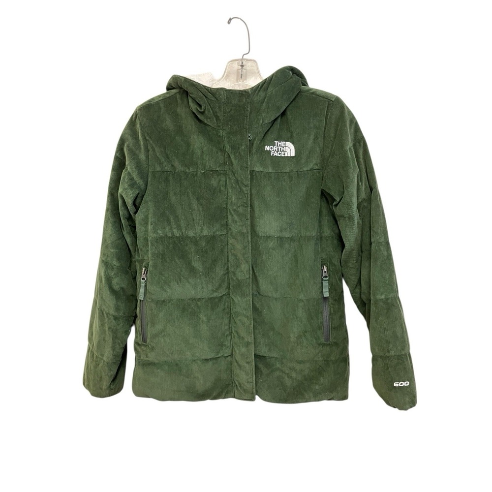 North Face 600 Down Jacket Girls Sz 12 Green Hooded Puffer Corduroy Sherpa Lined